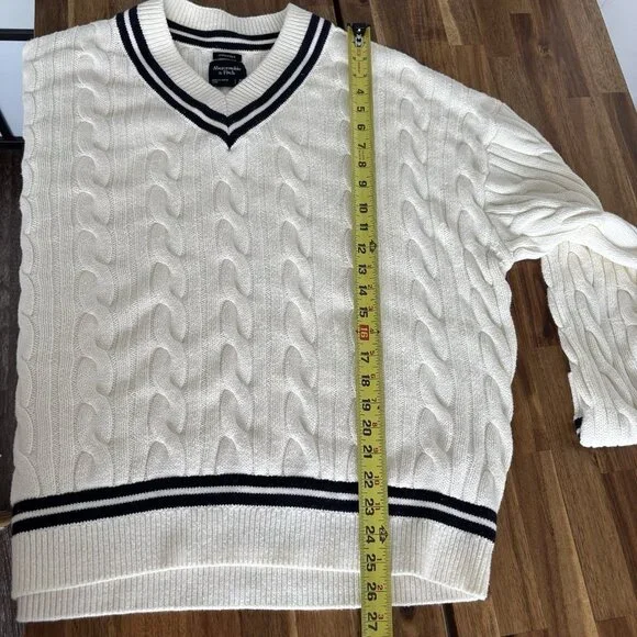 ABERCROMBIE & FITCH Cable knit Oversized Varsity Prep Sweater Women’s XL Tennis - Picture 13 of 13